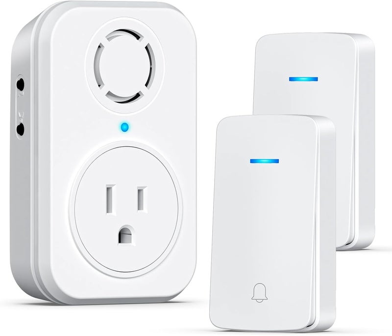 Aida Wireless Doorbell, Self-powered Doorbell with Extra Socket, No Battery Required Push Button, Cordless Door Bell Ringer, 5 Volume Levels with 32 Doorbell Chimes (White, 2 Button & 1 Receiver) - Image 1